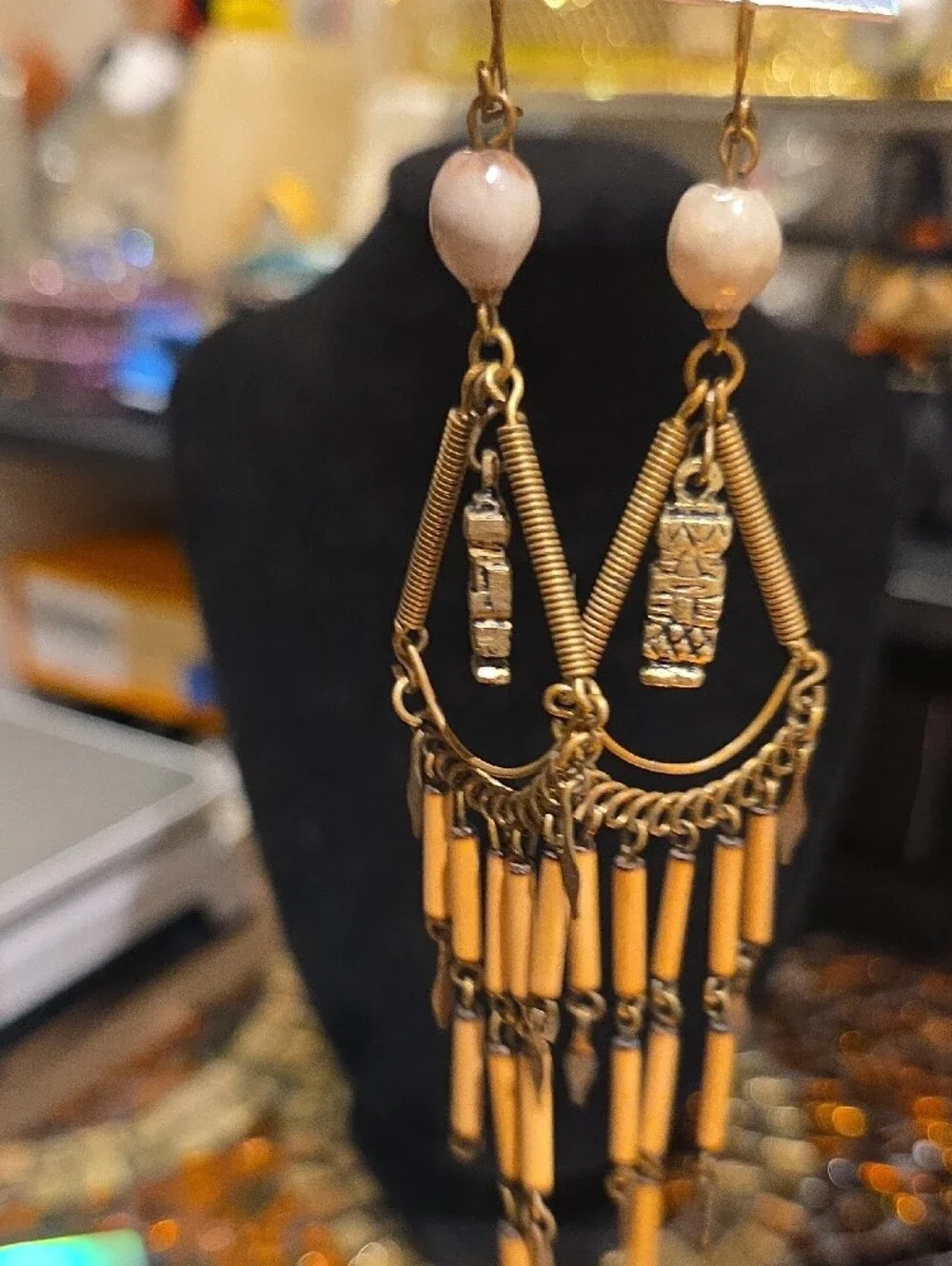 HOBO Gold-Tone and Beige Dangling Bead Fringe Earrings